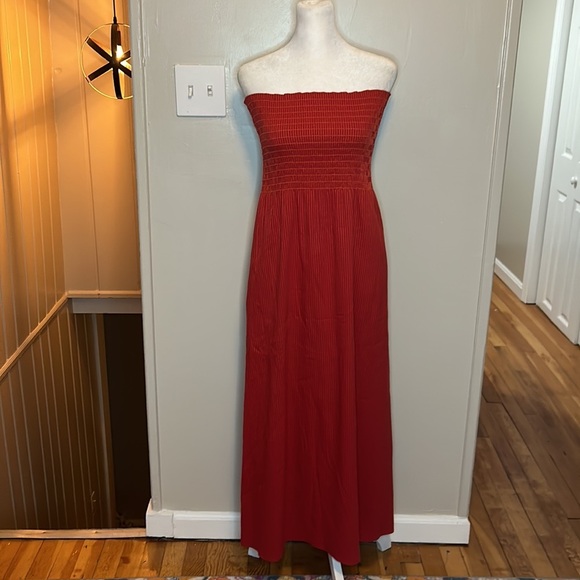 La Ligne Meredith Smocked Bodice Strapless Striped Midi Dress Size Large - Picture 2 of 11